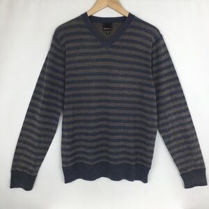 Murano Men’s V-Neck Merino Wool Sweater Gray Stripes Size Medium Long Sleeves